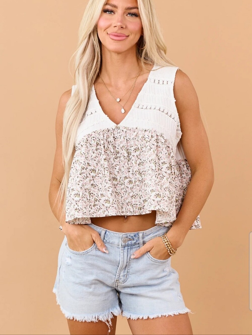 Womens POL Babydoll Crochet Tank Crop Shirt Size Medium